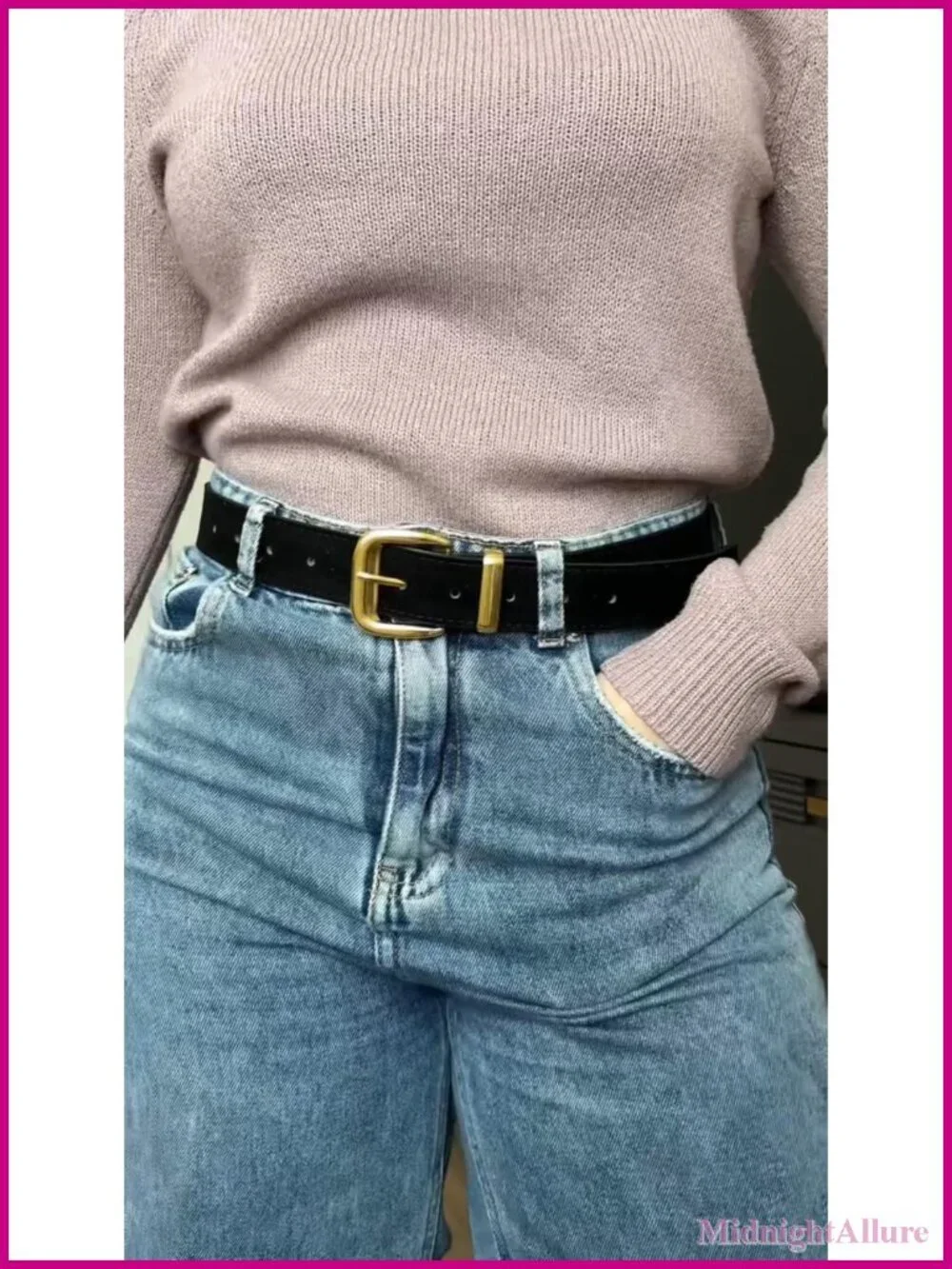 Women's Faux Suede Belt Retro Gold Buckle Adjustable Waist Belt